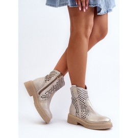 Zazoo 3470 Bottines Femme en Cuir à Talon Plat, Ajourées, Doré Brossé d'or 7