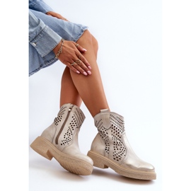 Zazoo 3470 Bottines Femme en Cuir à Talon Plat, Ajourées, Doré Brossé d'or 9