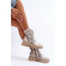 Zazoo 3470 Bottines Femme en Cuir à Talon Plat, Ajourées, Doré Brossé 1