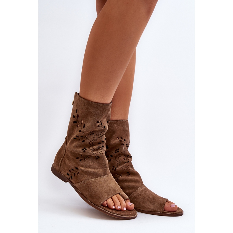 Zazoo 3437 Sandales en daim pour femmes avec tige à fermeture éclair camel brun 2