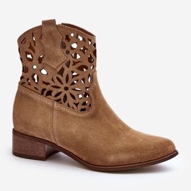 Zazoo 3404 Bottines Santiags Ajourées à Talon Bas Daim Beige Clair 1