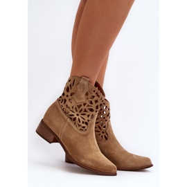 Zazoo 3404 Bottines Santiags Ajourées à Talon Bas Daim Beige Clair 2