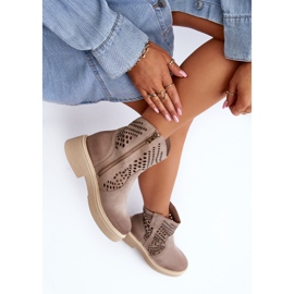 Zazoo 3470 Bottines Femme En Daim Sur Talons Plats Ajouré Cappuccino beige 2