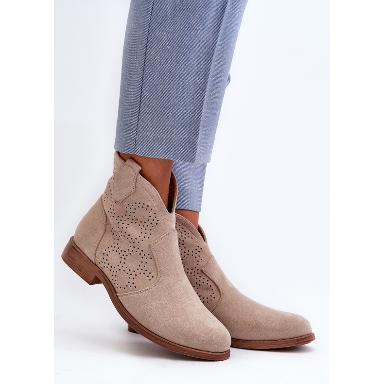 Bottines ajourées à talon plat pour femme, beige clair S.Barski HY66-151 2