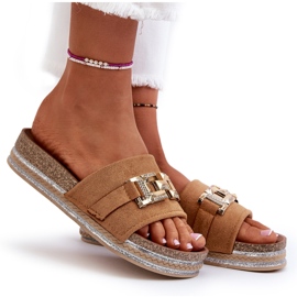 FK1 Tongs à plateforme pour femmes avec décoration Vapireta camel brun 11