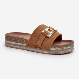 FK1 Tongs à plateforme pour femmes avec décoration Vapireta camel brun 3