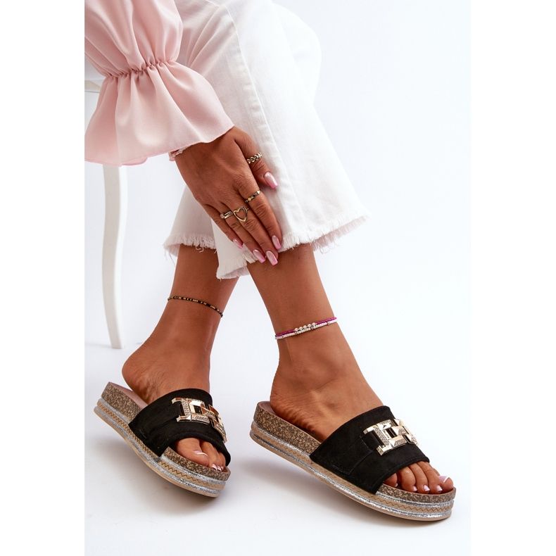 FK1 Tongs à plateforme pour femmes avec décoration, noir Vapireta le noir 1