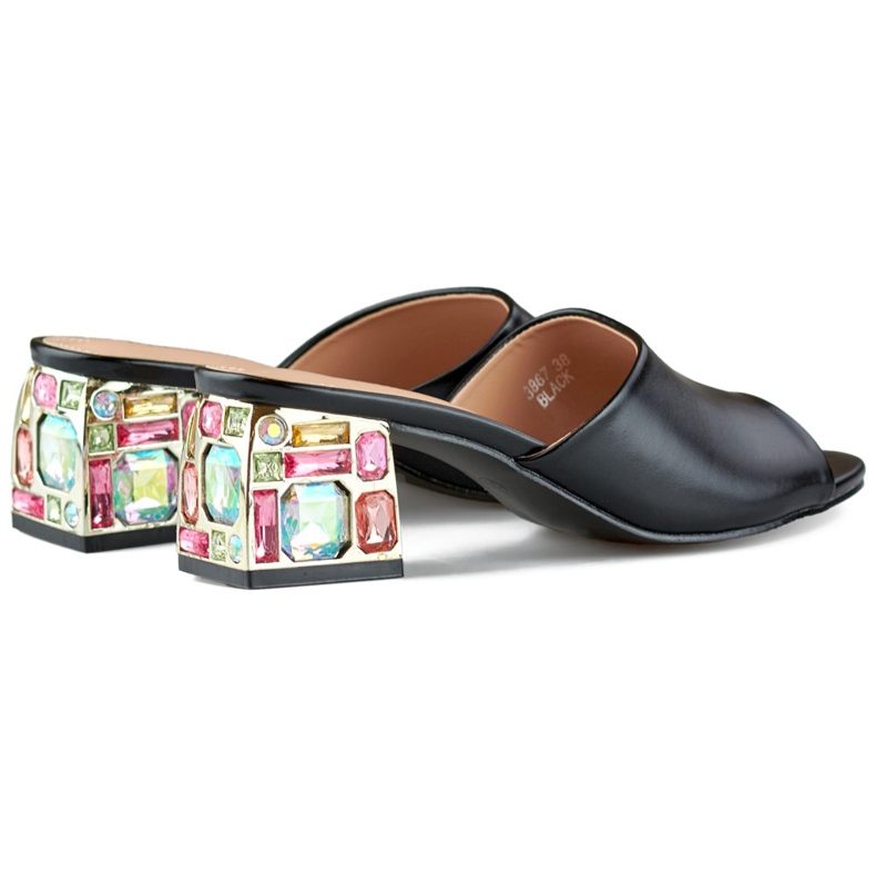 Tongs noires à talons bas pour femmes avec cristaux le noir 1