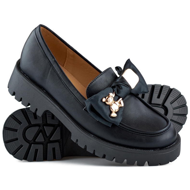 Mocassins noirs avec nœud, mocassins avec ours en peluche 1