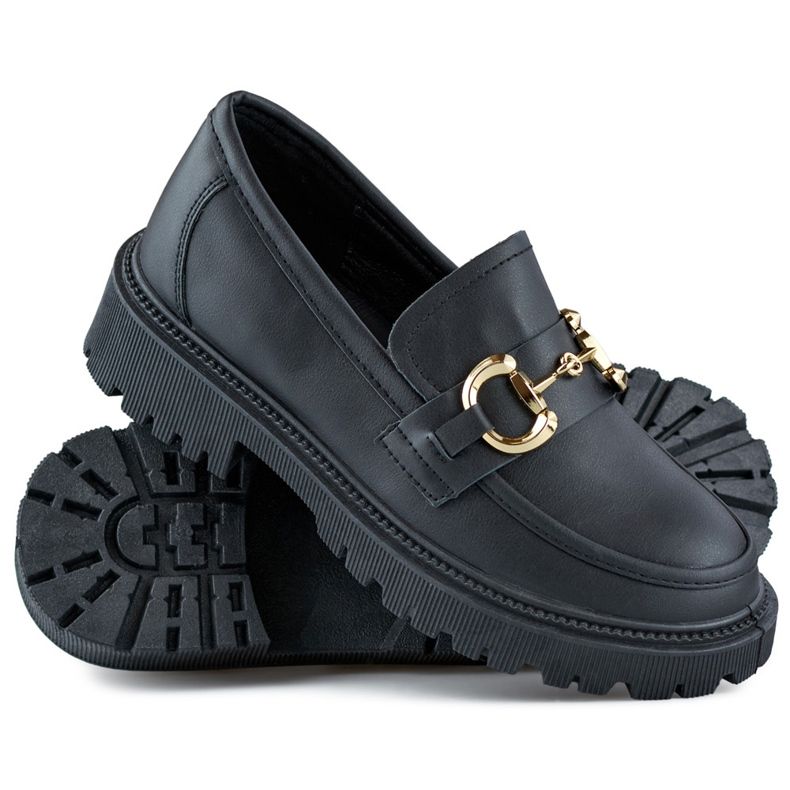 Mocassins femme noirs avec décoration dorée 1