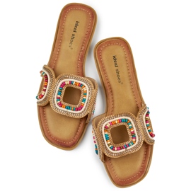 Tongs plates multicolores décorées pour femmes beige 1