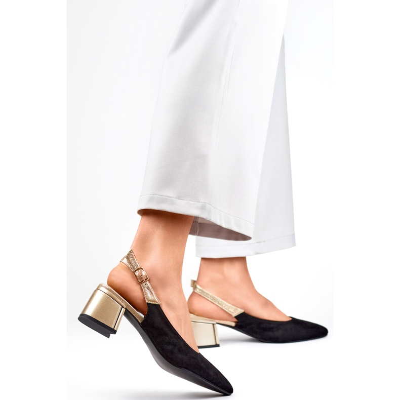 Escarpins élégants en daim avec talon ouvert et talon bas noir 1