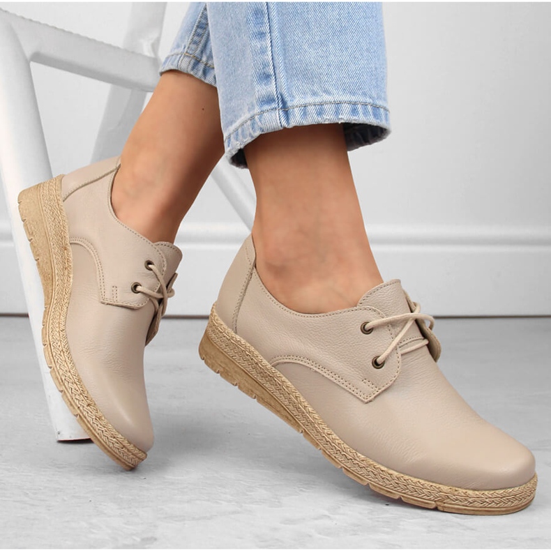 Chaussures compensées confortables en cuir pour femme, beige Helios 401.10 1