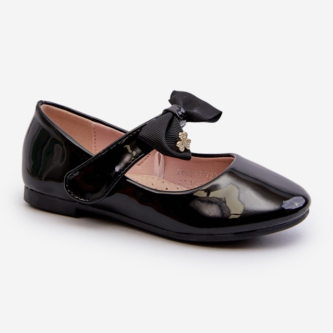 Ballerines enfant en cuir verni avec nœud velcro et œil-de-chat noir 1