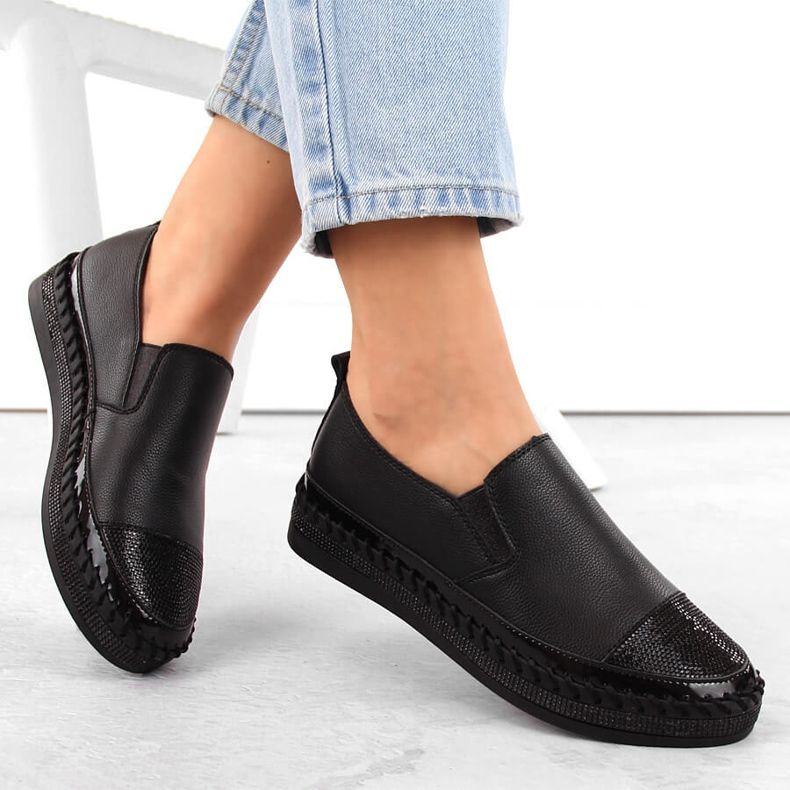 S.Barski Chaussures à enfiler en cuir pour femmes avec zircons cubiques, noir D&amp;A LR370 1