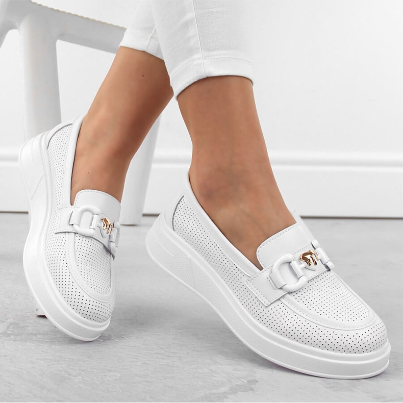 Chaussures femme en cuir, mocassins sur plateforme, blanc S.Barski LR720 1