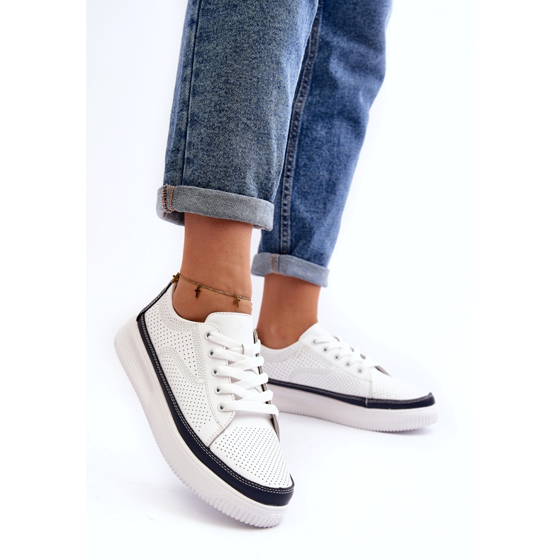 Sergio Leone Chaussures de sport en cuir pour femmes, baskets, blanches et bleu marine 2