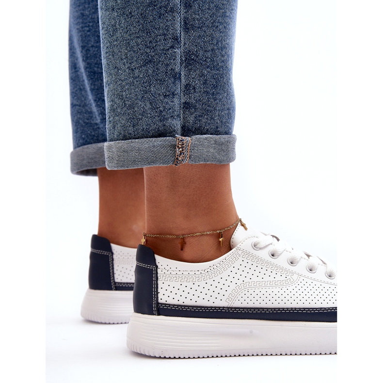 Sergio Leone Chaussures de sport en cuir pour femmes, baskets, blanches et bleu marine 4