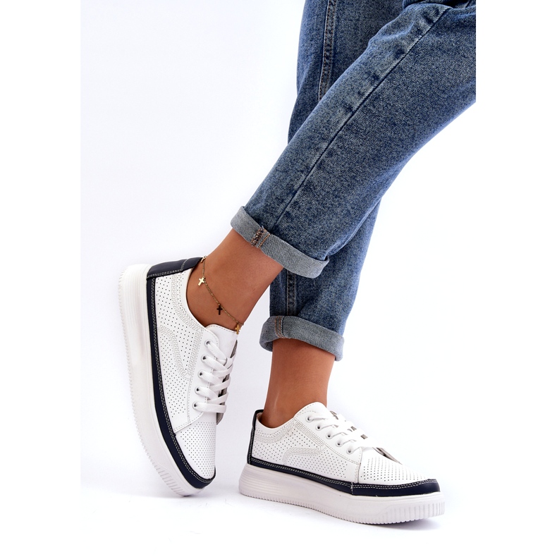 Sergio Leone Chaussures de sport en cuir pour femmes, baskets, blanches et bleu marine 1