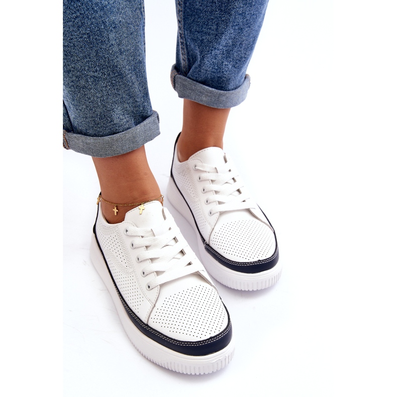 Sergio Leone Chaussures de sport en cuir pour femmes, baskets, blanches et bleu marine 3