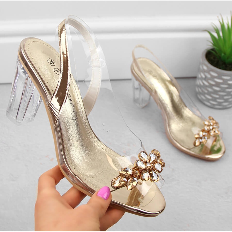 Sandales à talons hauts pour femmes transparentes avec zircons dorés Potocki WS43305 d'or 1