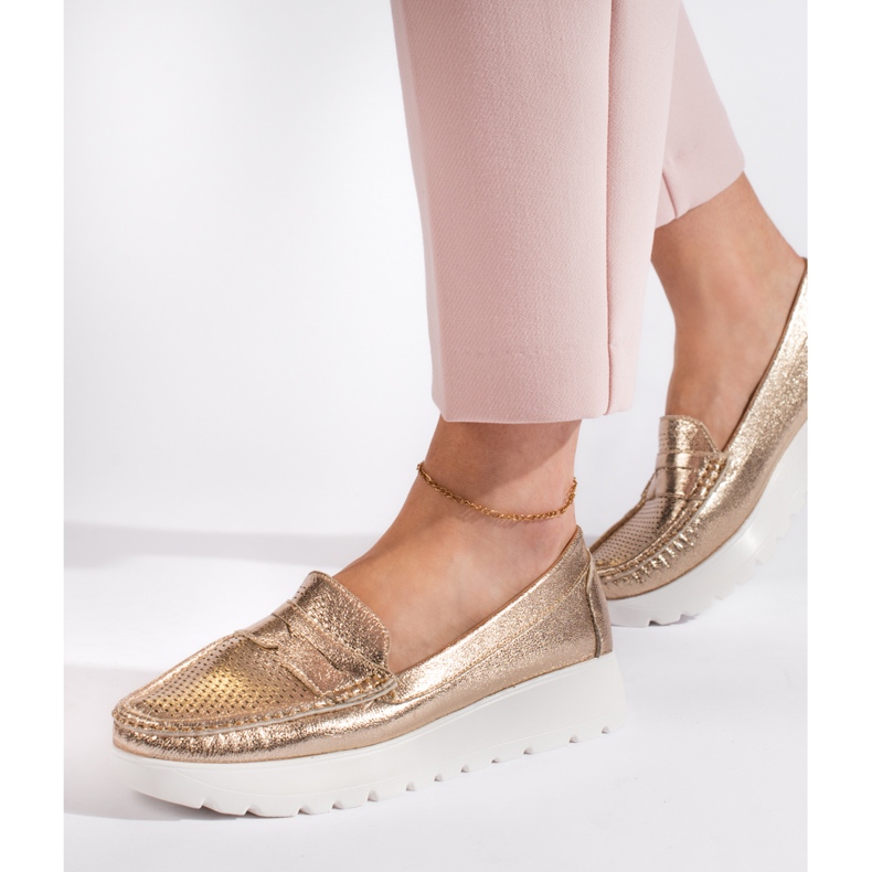 Goodin Mocassins femme dorés ajourés sur la plateforme d'or 1 Goodin Mocassins femme dorés ajourés sur la plateforme d'or 1