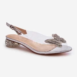 S.Barski Sandales Transparentes à Talon Bas Avec Papillon Rose Argent D&amp;A MR38-388 1