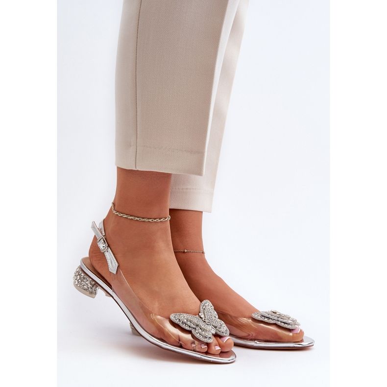 S.Barski Sandales Transparentes à Talon Bas Avec Papillon Rose Argent D&amp;A MR38-388 2