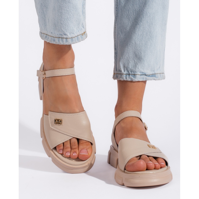 Goodin Sandales confortables en cuir beige pour femme 1