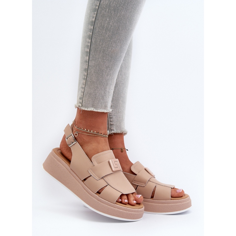 Sandales femme en cuir à plateforme et compensée, beige foncé Vivitellia 2