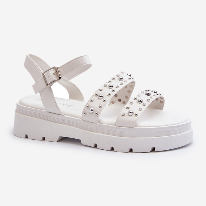 Sandales décorées pour femmes en cuir écologique blanc Arcida blanche 2 Sandales décorées pour femmes en cuir écologique blanc Arcida blanche 2