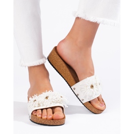 Chaussons femme en daim à fleurs, blanc blanche 3