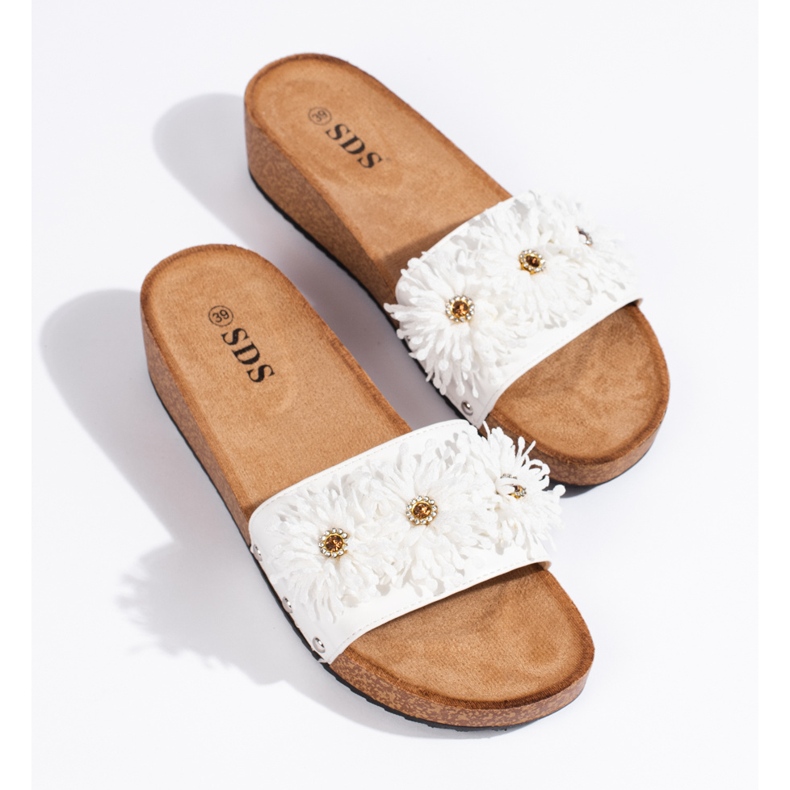 Chaussons femme en daim à fleurs, blanc blanche 1