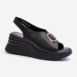 Sandales compensées en cuir pour femme avec décoration, noir Salvania 1