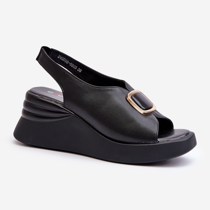 Sandales compensées en cuir pour femme avec décoration, noir Salvania le noir 1