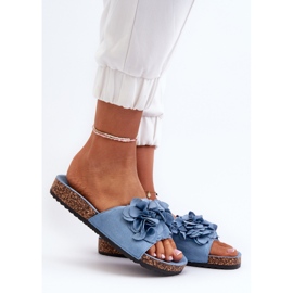 Tongs pour femmes sur plateforme en liège en suède écologique, bleu Jaihini 2