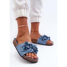 Tongs pour femmes sur plateforme en liège en suède écologique, bleu Jaihini 3