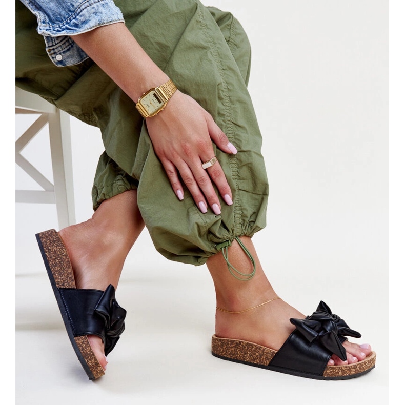 Tongs noires avec semelle en liège et nœud Petresa le noir 1