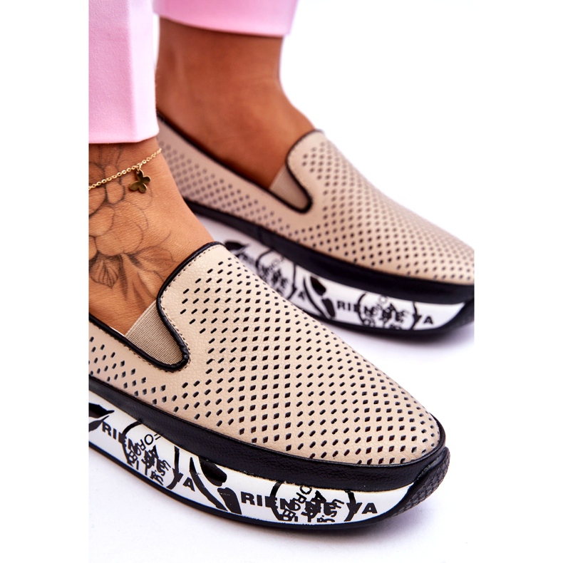 S.Barski Baskets Femme Cuir Ajouré Slip-On Beige Sorito 2