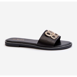 Tongs pour femmes avec décoration en cuir écologique sur talon plat, noir Sadria 1