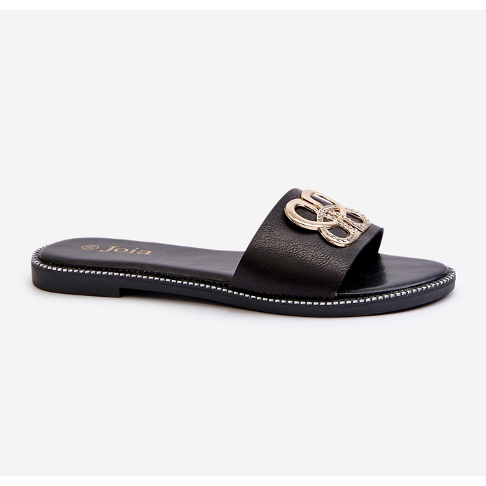 Tongs pour femmes avec décoration en cuir écologique sur talon plat, noir Sadria 1