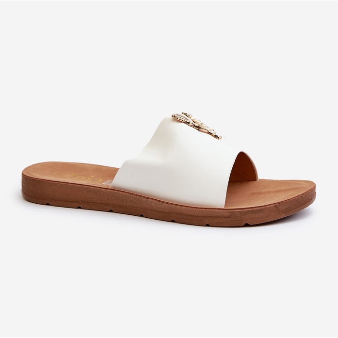 Tongs pour femmes à semelle plate avec décoration, cuir écologique, blanc Makia 1