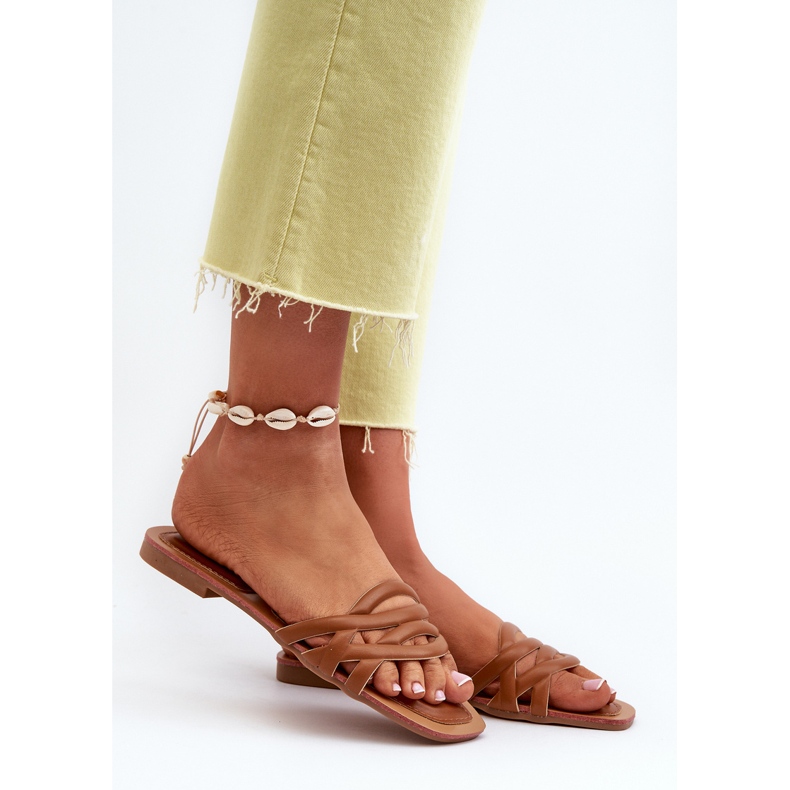 Tongs en cuir écologique avec talon plat pour femme, marron, Moldela brun 2