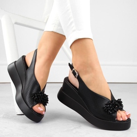 Sandales compensées femme en cuir noir avec perles Filippo DS6076 1