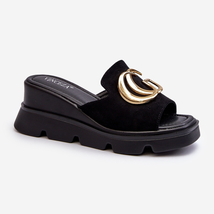 Vinceza Tongs pour femmes en suède écologique sur semelle compensée et plateforme avec décoration dorée, noir Iaria le noir 1