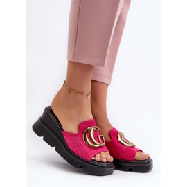 Vinceza Tongs pour femmes en suède écologique sur une semelle compensée et une plateforme avec décoration dorée Fuchsia Iaria rose 2