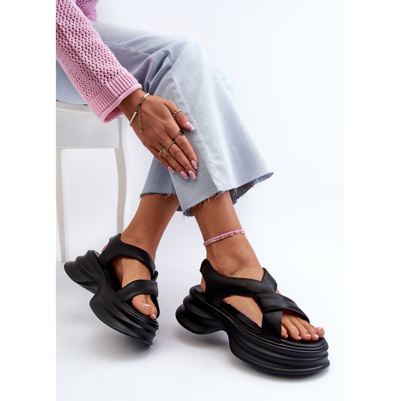 Sandales en cuir à semelle épaisse pour femmes, noires, GOE NN2N4106 le noir 1