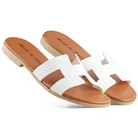 Tongs en cuir blanc pour femme, tongs classiques en cuir blanc blanche 1