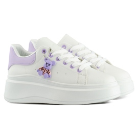 Chaussures de sport blanches à semelle épaisse et ours en peluche violet 1