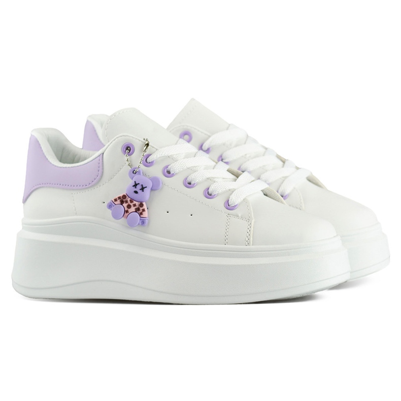 Chaussures de sport blanches à semelle épaisse et ours en peluche violet 1